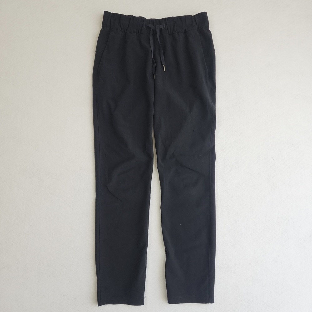 Lululemon On The Fly Pants Womens 4 Black Logo Travel Woven Mid Rise Drawstring